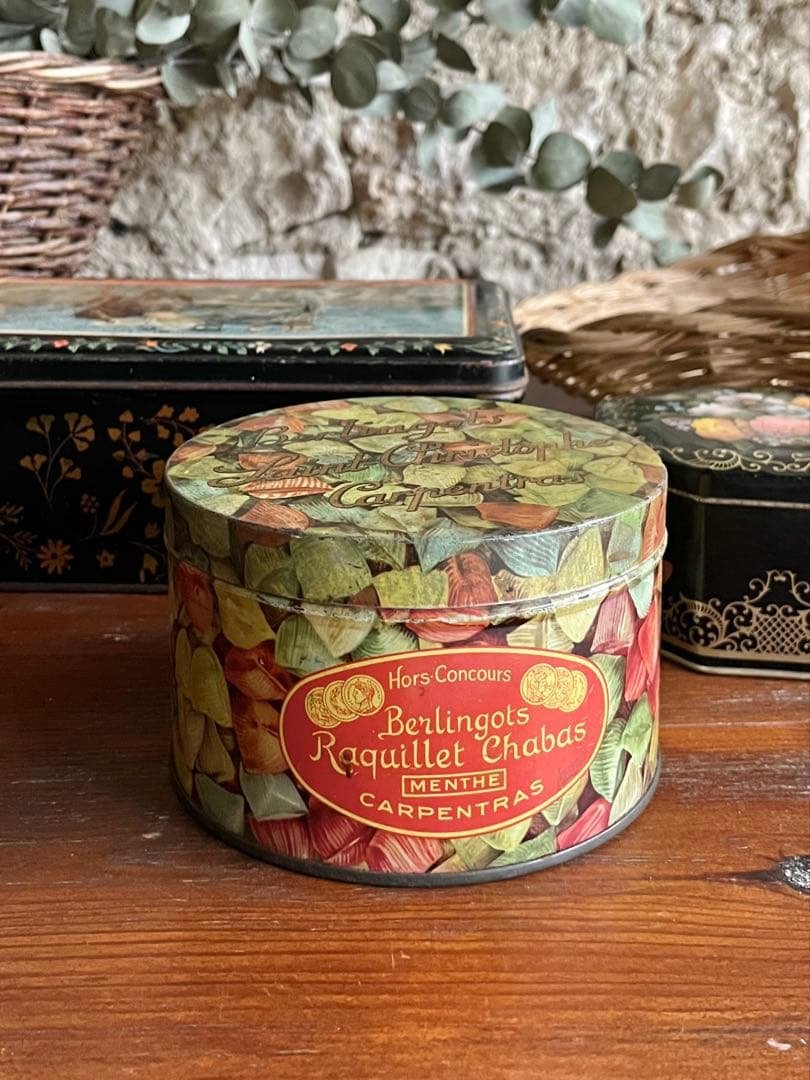 ◆フランス雑貨｜ティン缶セットブリキ缶お菓子箱ケースサビあり花柄キャンディー