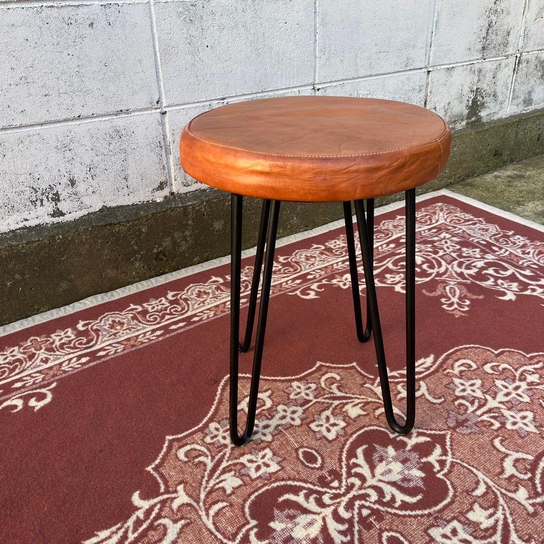 本革レザー座面×鉄脚アイアンレッグ◾️丸椅子 スツール 丸イス