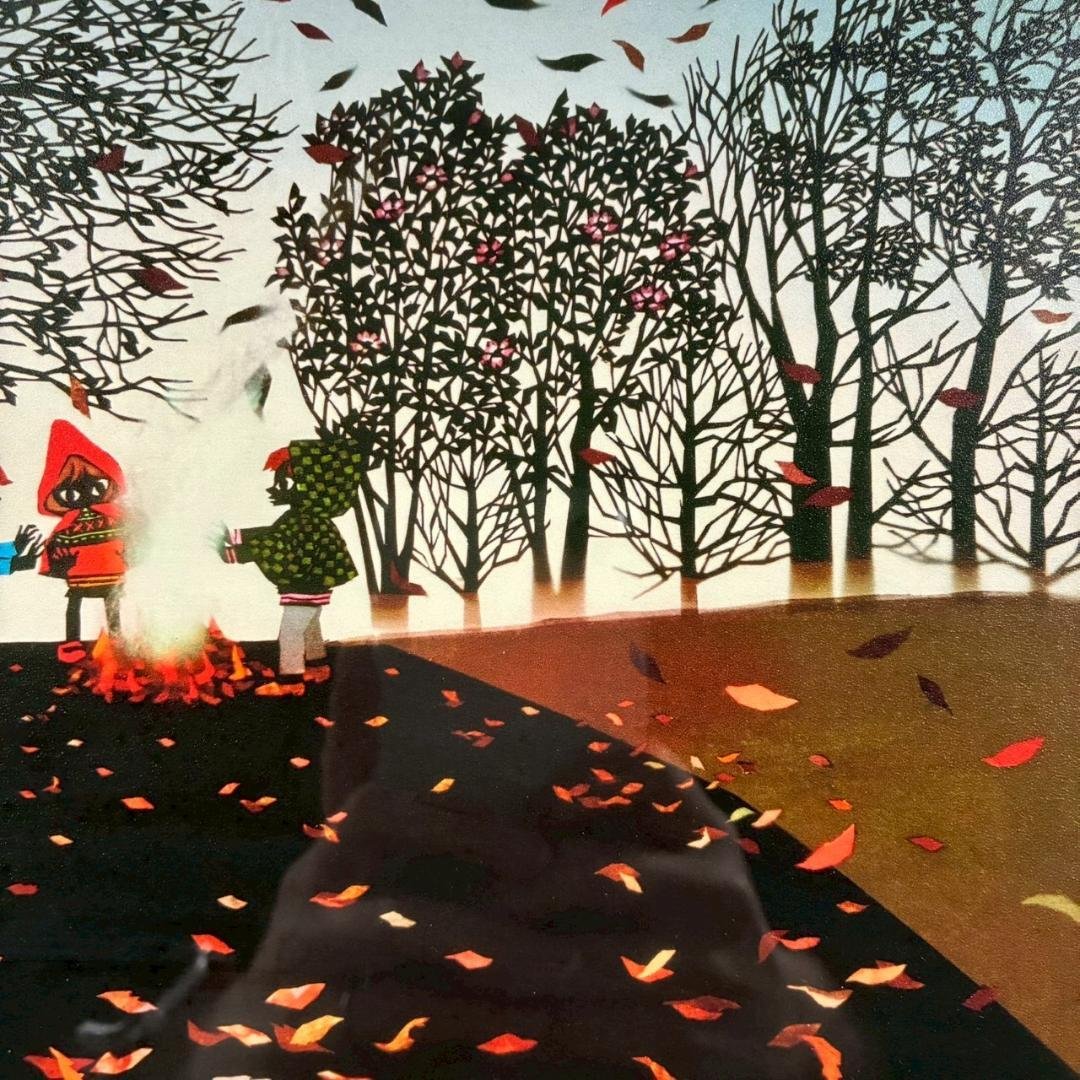 美品 藤城清治「日本の愛唄歌12月 たき火」レフグラフ 直筆サイン入 楽譜付