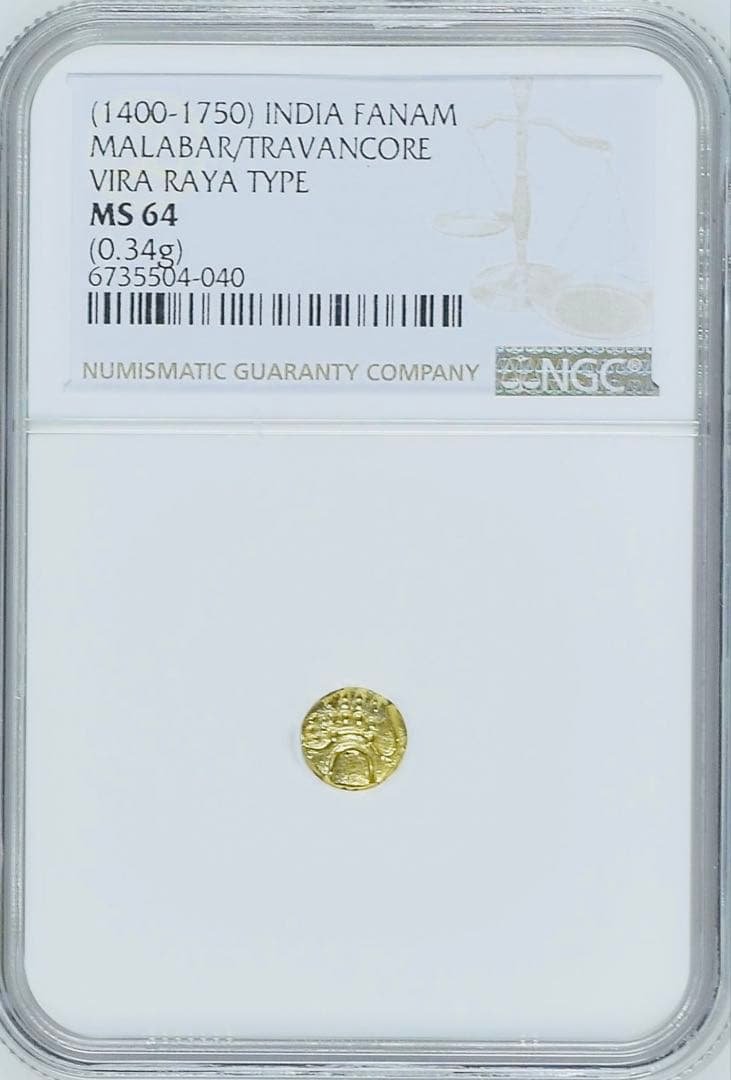 1400-1750年 マラバール/トラヴァンコール ファナム金貨NGC MS64