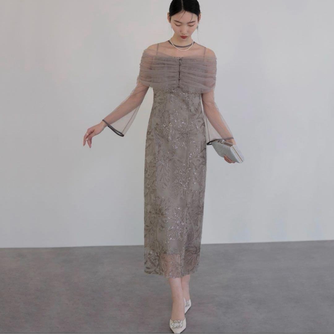 【即日発送】Leja チュールオフショルダー花柄Iラインドレスワンピース