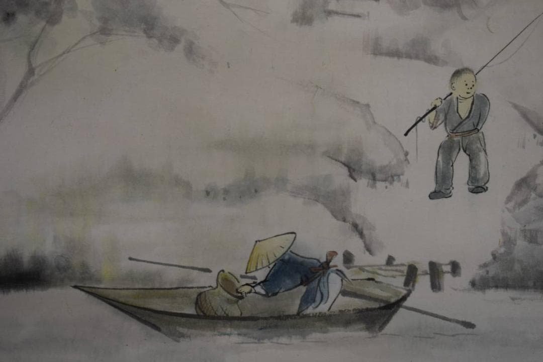 真作/沼田晏宏/行人釣船/桐共箱付/布袋屋掛軸HG-472