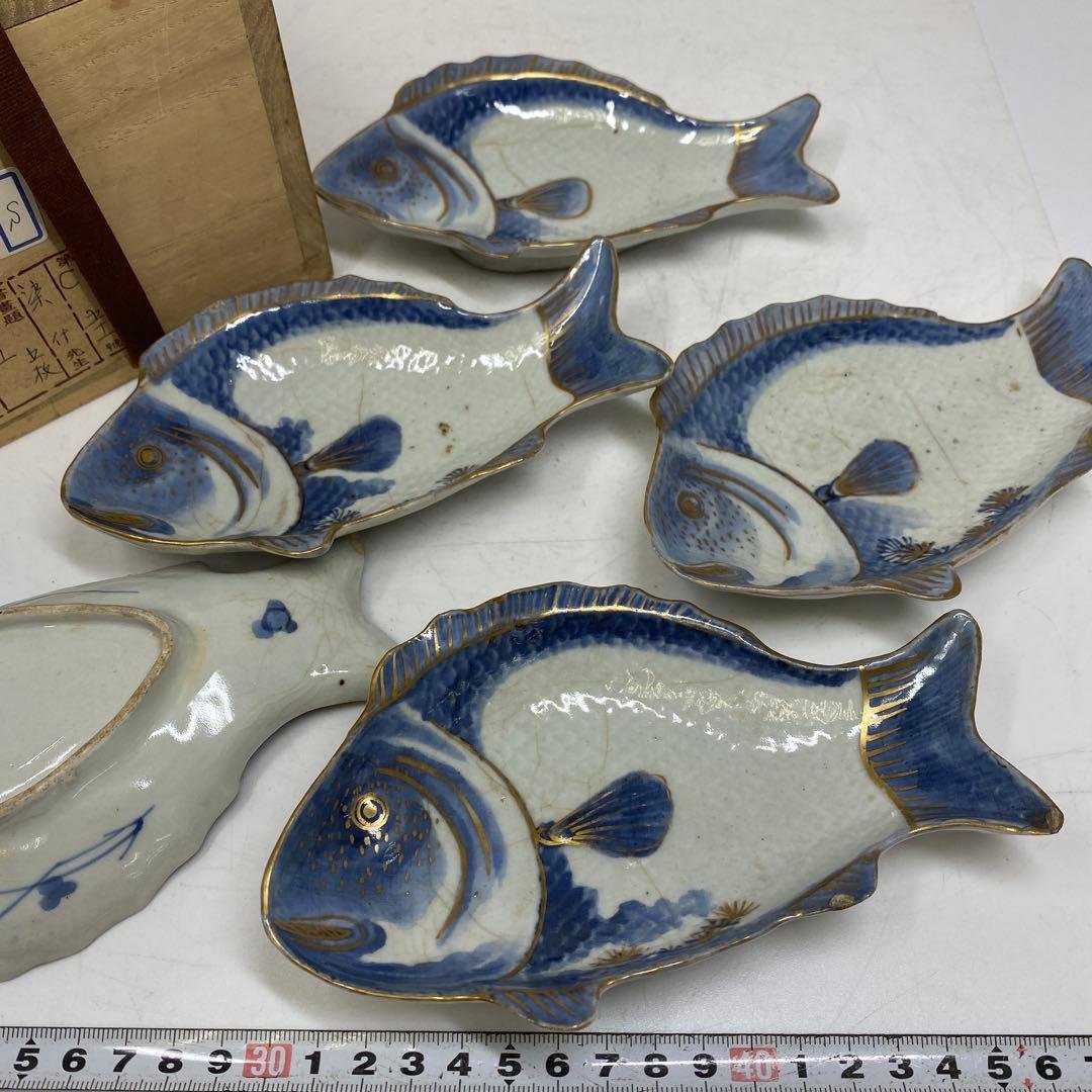 江戸中期　藍九谷　鯛の図皿　5客　トヒル　木箱付　東さ7-0809☆2F