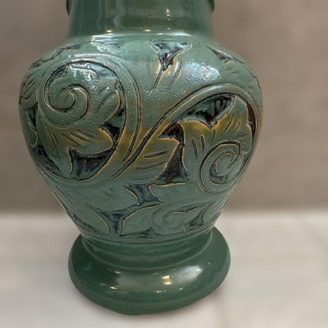 壺屋焼.小橋川永弘.緑釉.唐草.掻き落とし.線彫り.ビンテージ