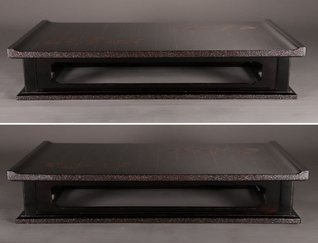 加賀蒔絵師 小松芳光作 松紋様 金蒔絵 螺鈿 黒塗卓 共箱 平卓 花台 M960