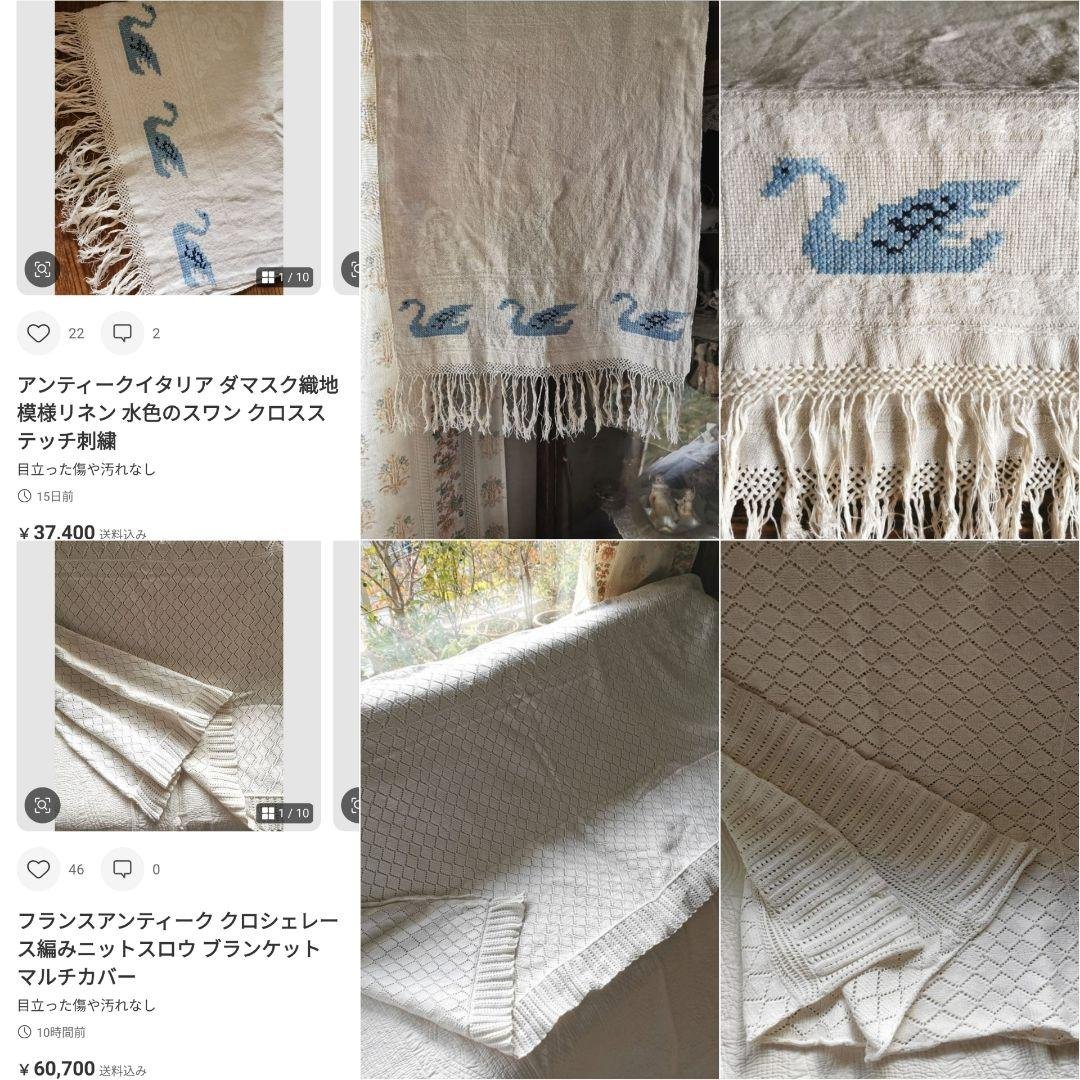 アンティークイタリア ダマスク織地模様リネン 水色のスワン クロスステッチ刺繍