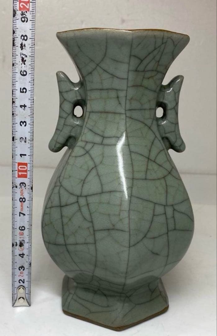 国古窯　哥窯青磁ヒビ焼　花瓶　高さ約18.4㎝