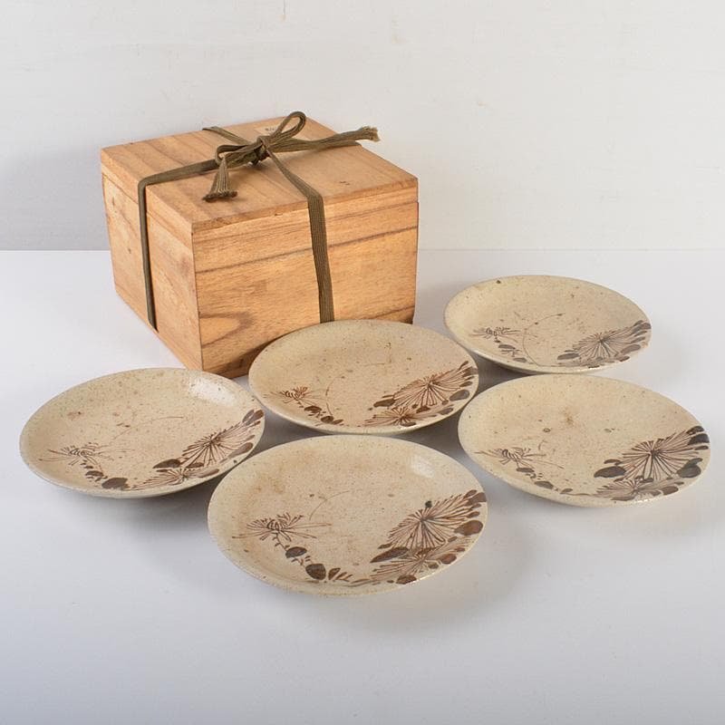 絵瀬戸　古瀬戸　菊文　小皿　豆皿　5客　時代箱　D　R6765