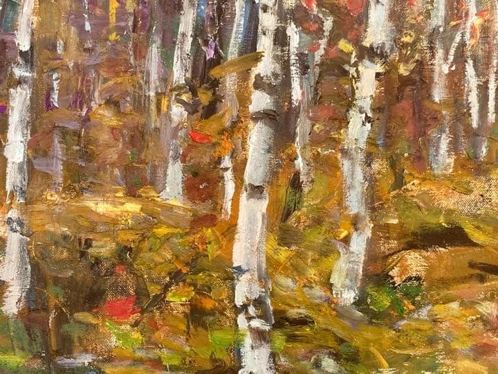 清水晶一・秋の白樺林 油絵 絵画 裏書有 インテリア 置物 オブジェ 掛軸