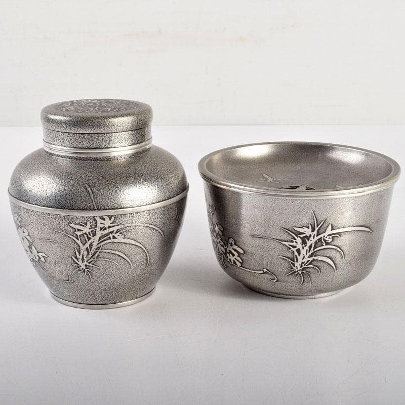 煎茶道具　錫製　間村自造　四君子文　茶壷　茶こぼし　2点まとめて　M　R4941